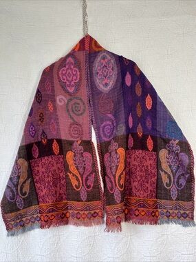 Kandahar Hand Woven in India Silk Linen Scarf Wrap Patchwork Design Boho 70x18
